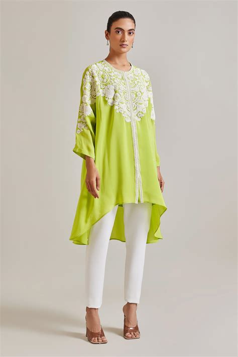 Buy Pankaj And Nidhi Green Silk Crepe Miva Botanical Embellished Tunic