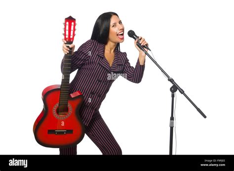 Woman playing guitar and singing isolated on white Stock Photo - Alamy