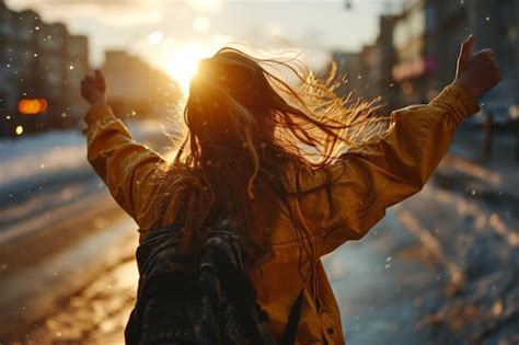 Premium Photo Young Woman With Windy Hair In The City At Sunset Back View