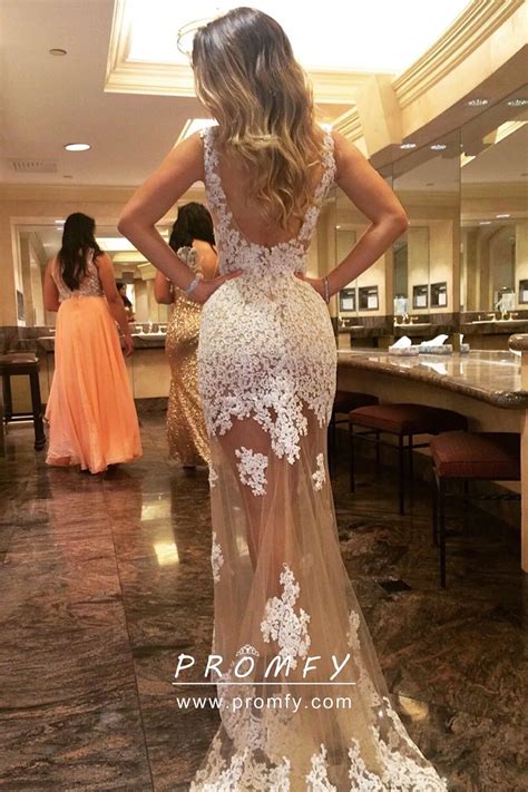 Alluring Nude Sheer Tulle With White Lace Prom Gown Promfy