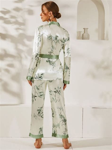 Satin Floral Print Belted Pajama Set Shein Usa