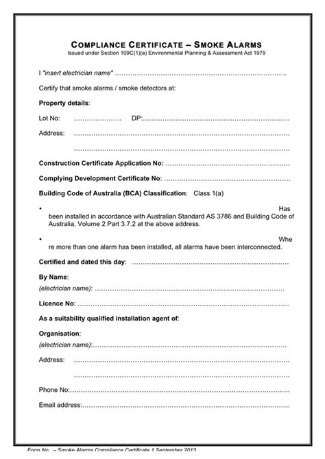 Smoke alarms - compliance certificate template in Word and Pdf formats