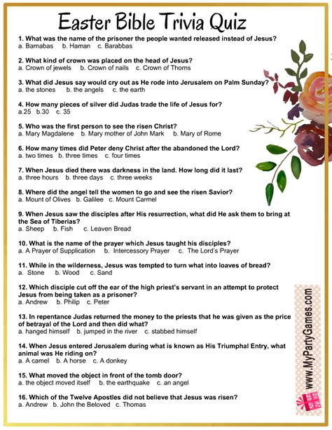 Bible Quiz And Answers For Youth Easter Bible Trivia Game W