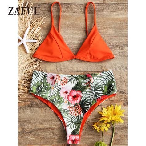 Zaful Bikini Padded Womens Swimsuit Leaf Print High Rise Bathing Suit