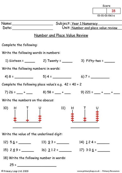 Numeracy Number And Place Value Review Worksheet Primaryleap Worksheets Library