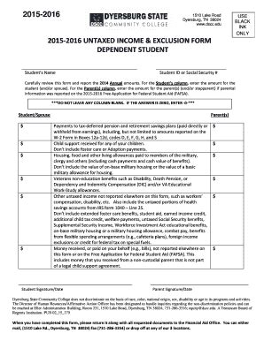 Fillable Online Dscc 2015 2016 UNTAXED INCOME EXCLUSION FORM Fax