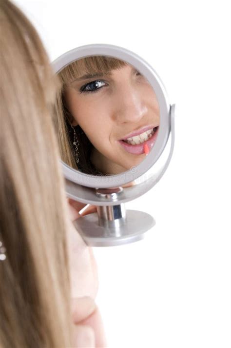 Closeup Mirror Reflection Of A Woman S Face Stock Photo Image Of