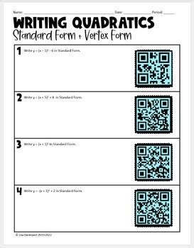 Writing Quadratics In Standard And Vertex Form QR Code Activity