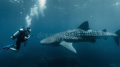 scuba diver swims   majestic whale shark   deep ocean