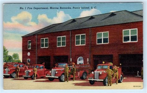 Parris Island South Carolina Sc~ Marine Barracks Fire Department 1940s Postcard United States