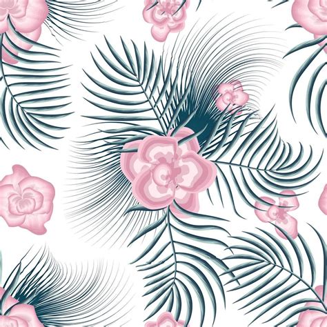 Floral Seamless Tropical Pattern With Bright Pink Flower And Blue Plant