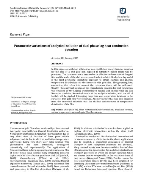 Pdf Parametric Variations Of Analytical Solution Of Dual Phase Lag