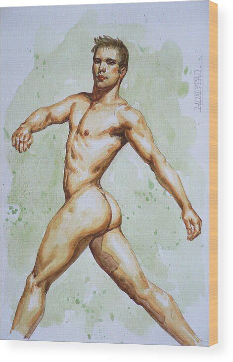 Original Watercolor Painting Drawing Artwork Male Nude Man On Paper Wood Print By Hongtao
