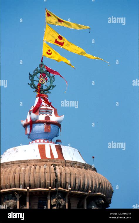 Mast Of 6th Century Jagganath Temple With Flags And Hindu Symbols Puri