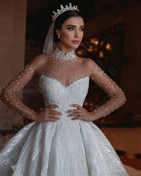 Arabic Dubai Vintage Wedding Dresses 2020 High Collar Sheer Long Sleeve