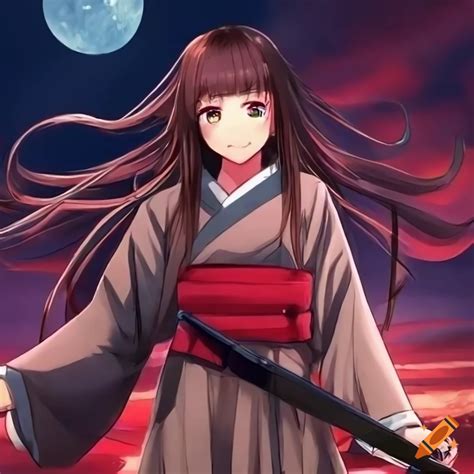 Chica Anime En Kimono Sonriendo Con Una Espada On Craiyon