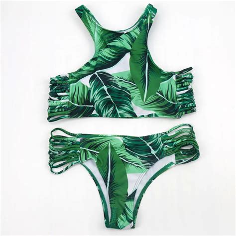 Swimsuit Bikini Set 2018 Brazilian High Neck Crop Sport Bikini Leaves