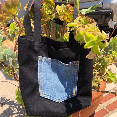 Handmade Tote Bag With Denim Patch Pocket 13x10 Etsy