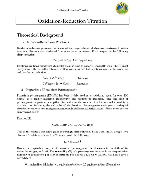 Solution Basic Chemistry Lab Oxidation Reduction Titration Notes