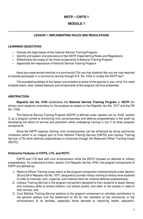 NSTP 1 Curricular Programdocx 1 NSTP CWTS 1 MODULE 1 Studocu