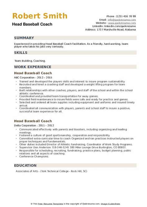 Head Baseball Coach Resume Samples | QwikResume