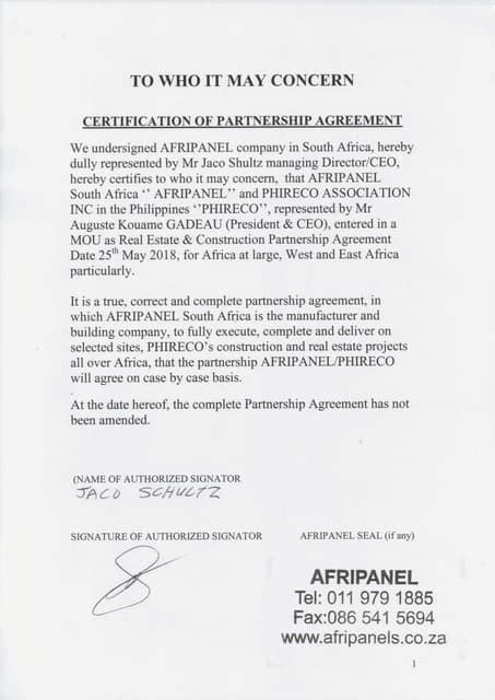 Certificate Of Partnership Template