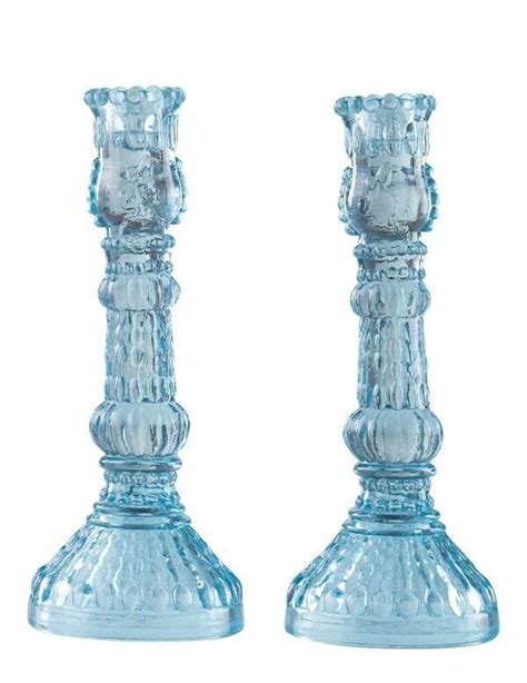 Victorian Trading Co 2 Light Blue Glass Ribbed Glass Candle Holders 3c Glass Candlesticks