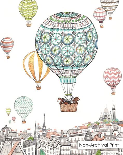 Hot Air Balloons Over Paris 8x10 Print With Mat Hot Air Balloons Art Hot Air Balloon Drawing