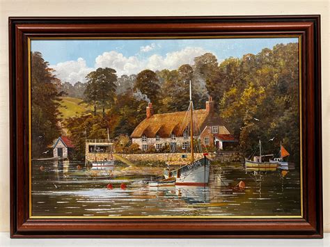 Gordon Allen Original English Oil Painting Boats Moored By Old River