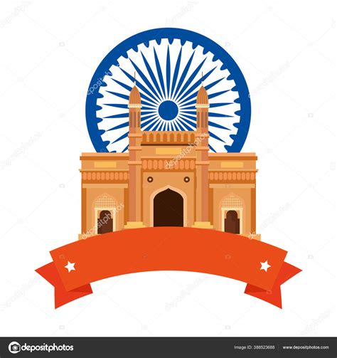 Gateway Famous Monument With Blue Ashoka Wheel Indian Symbol And Ribbon Stock Vector Image By