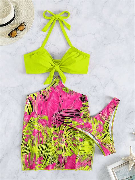 Tropical Print Halter Bikini Swimsuit With Beach Skirt Shein Usa