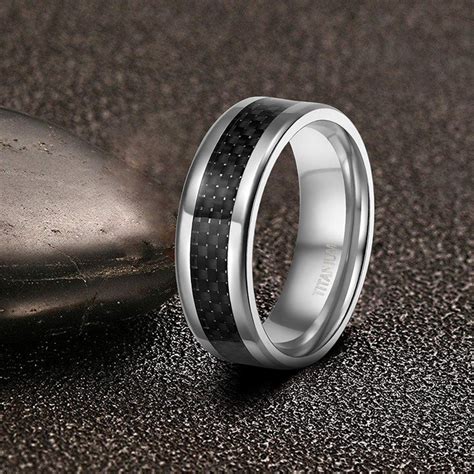 Carbon Fiber Inlay Black Titanium Mens Wedding Bands 8mm Findurings