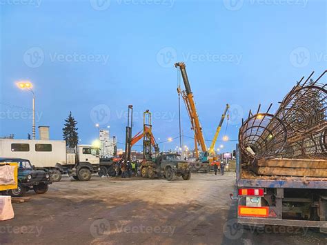 construction of a broken bridge on a busy road. construction machinery