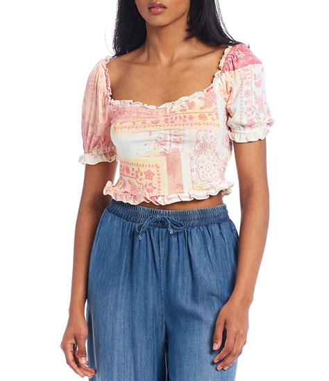 Coco Jaimeson Short Puff Sleeve Sweetheart Neck Patchwork Knit Crop