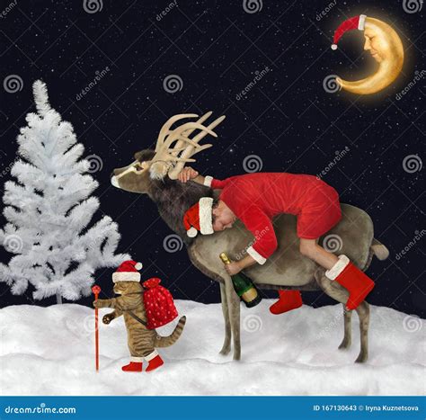 Drunk Santa Rides Reindeer In Wood 2 Stock Image Image Of Bottle