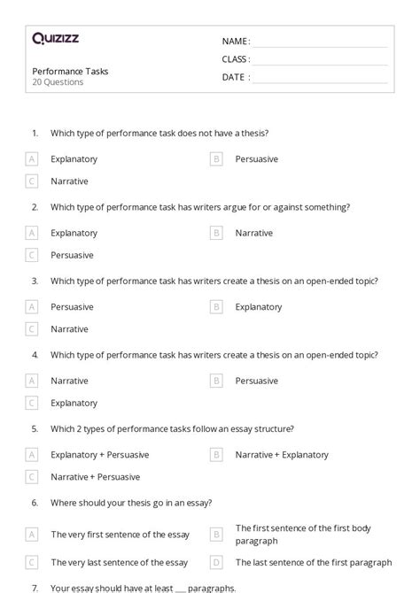 50 Performance Tasks Worksheets For 6th Grade On Quizizz Free