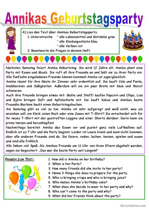 Annikas Geburtstagsparty Lesetext Deutsch DAF Arbeitsblätter pdf doc