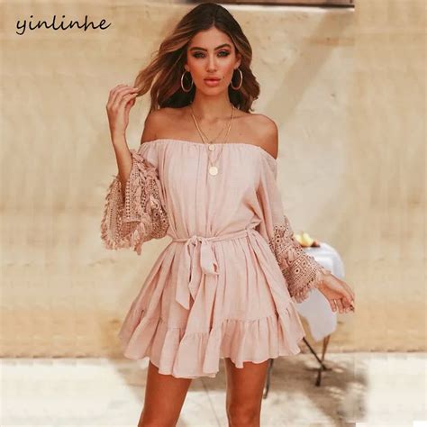 Yinlinhe Off Shoulder Summer Dress Long Sleeve Sexy Dress Women Hollow