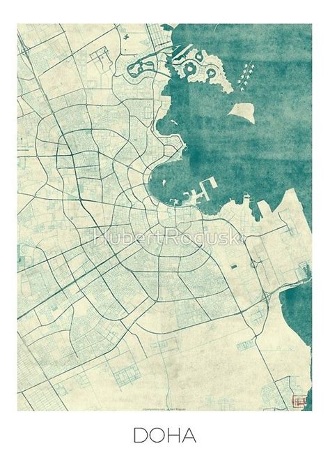 Blue Vintage Watercolor High Quality Map Of A Great City Doha Qatar