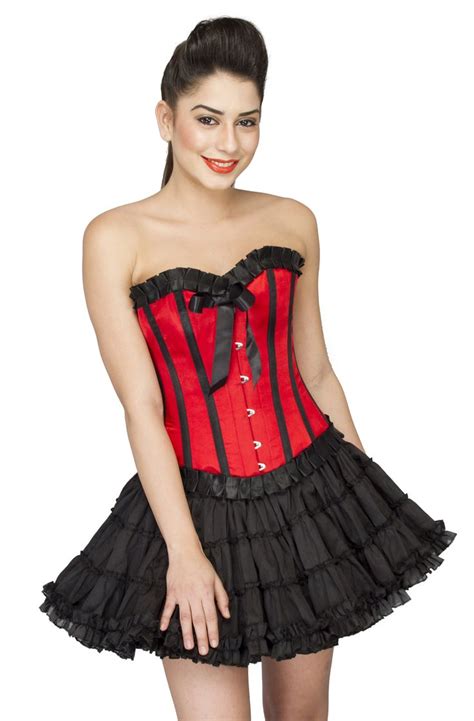 Red Satin Black Frill Overbust Top And Cotton Silk Tutu Skirt Corset