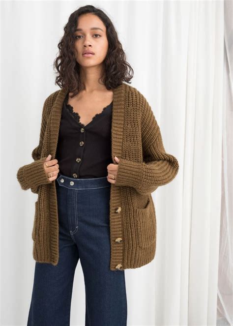 Oversized Rib Knit Cardigan Khaki Cardigans And Other Stories Rib