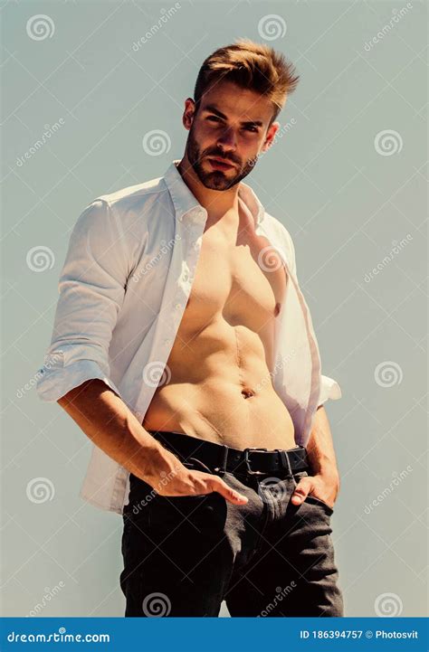 Attractive Torso Hot Day Outdoors Attractive Man Taking Off Shirt