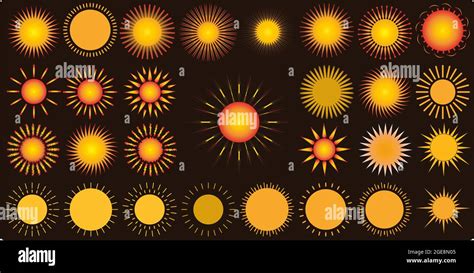 A set of isolated icons and shapes showing the sun in different colors ...