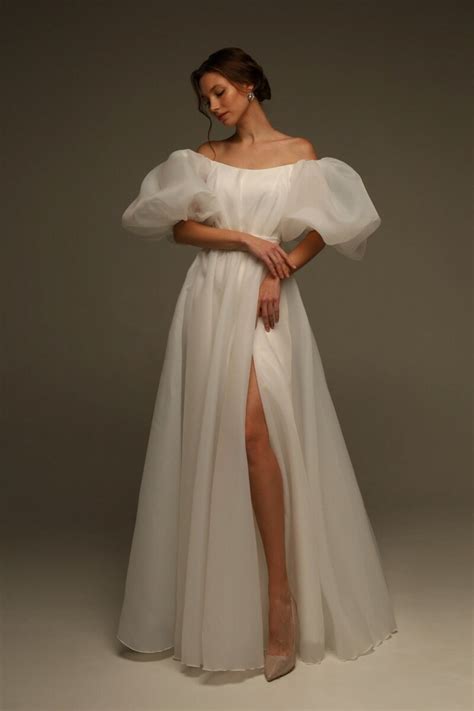 Maxi Wedding Puff Sleeve White Dress With Slit Wedding Dress With