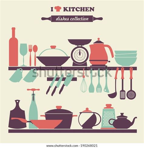 Vector Vintage Kitchen Dishes Icons Set Stock Vector Royalty Free