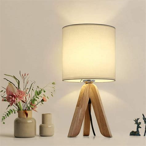 Small Bedside Table Lamp - Wooden Tripod Nightstand Lamp for Bedroom, Living Room, Office ...