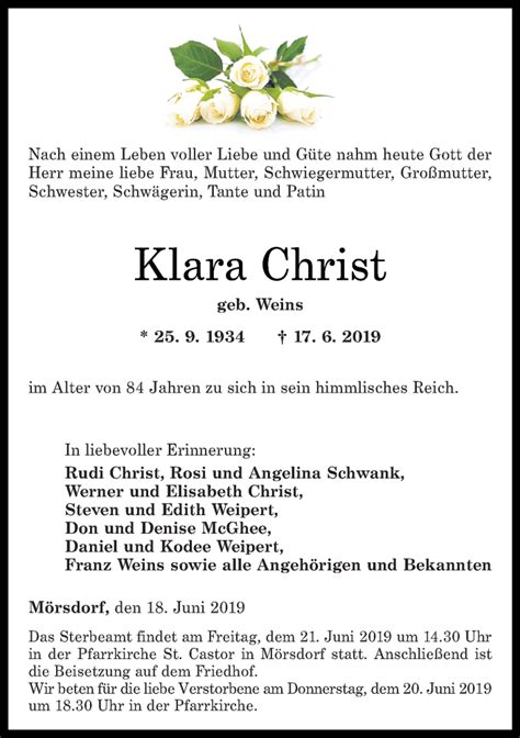 Traueranzeigen Von Klara Christ Rz Trauer De