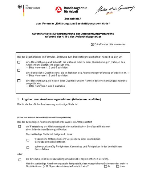 Zusatzblatt A Zur Erklaerung Zum Beschaeftigungsverhaeltnis Data | PDF