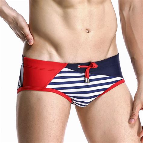 Men Swim Briefs Sexy Gay Mens Swimwear Stripe Patchwork Swimming Trunks