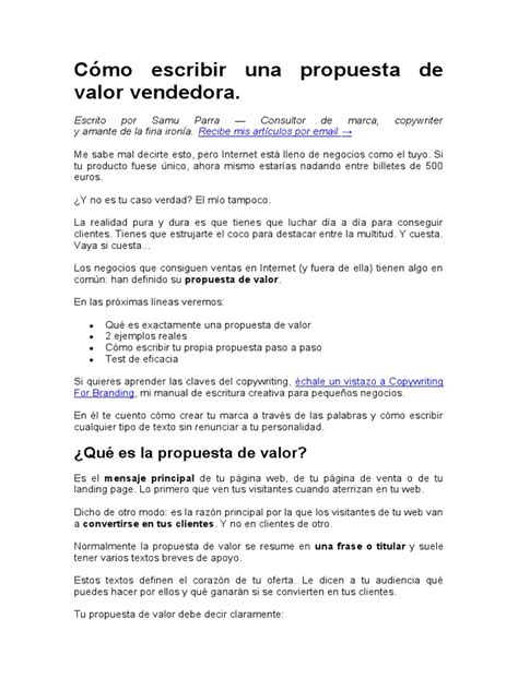 Cómo Escribir Una Propuesta De Valor Vendedora Pdf Cliente Producto Negocio